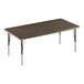 A rectangular walnut activity table with black metal legs.