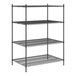 A black metal Regency wire shelving unit with 4 shelves.