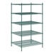 A green metal Regency wire shelving unit with 5 shelves.