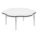 A white table with a black edge and metal legs.