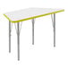 A white and yellow trapezoid table top with silver legs and yellow T-mold.