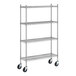 A Regency stainless steel wire shelving unit with wheels.