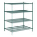 A green wire shelving unit with four shelves.