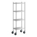 A Regency stainless steel shelving unit on wheels.