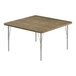 A square wooden table with silver metal legs and hickory trim.