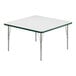 A white square table with a green edge and silver legs.