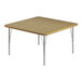 A square Correll activity table with silver metal legs and a fusion maple top.