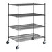 A black Regency mobile wire shelving unit with four shelves.