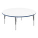 A white round activity table with a blue edge and black legs.