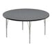 A Correll round activity table with a grey top and black border with silver legs.