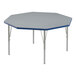 A gray and blue octagon table with silver legs.