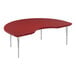 A red curved table with silver legs.