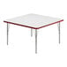 A white square Correll activity table with silver legs and a red edge.