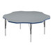 A grey Correll activity table with black legs and blue trim.