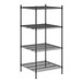 A Regency black wire shelving unit with four shelves.