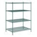 A green metal Regency wire shelving unit with four shelves.