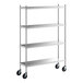 A Regency stainless steel mobile shelving unit with black wheels.