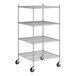 A Regency stainless steel wire shelving starter kit with wheels and four shelves.