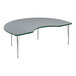 A grey table with a curved kidney-shaped top and silver legs with green accents.