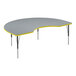 A grey and yellow Correll kidney-shaped activity table.