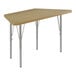 A trapezoid-shaped Correll activity table with silver legs and a wooden top.