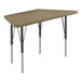 A trapezoid-shaped Correll activity table with black legs and a hickory wood top.