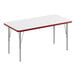 A white rectangular table with a red edge and silver legs.