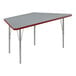 A grey and red trapezoid-shaped Correll activity table.