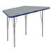 A grey trapezoid activity table with a blue top and silver legs.