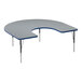 A grey high-pressure laminate horseshoe activity table with black legs and blue trim.