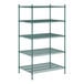 A green Regency stationary wire shelving unit with five shelves.