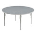 A Correll round activity table with a gray top and metal legs.