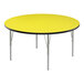 A yellow Correll round activity table with silver legs.