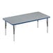 A rectangular activity table with a blue edge and gray legs.