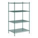 A Regency green metal shelving unit with four shelves.