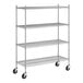 A Regency stainless steel wire mobile shelving unit with 4 shelves and wheels.