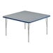 A square Correll activity table with silver legs and a blue edge.
