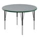 A Correll round activity table with a gray thermal-fused laminate top and green T-mold on black legs.
