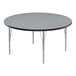 A round Correll activity table with a gray granite top and silver legs.