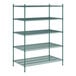 A Regency green metal shelving unit with five shelves.