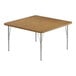 A square medium oak table with silver legs and medium oak trim.