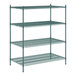 A green metal wire shelving unit with four shelves.