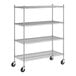 A Regency stainless steel wire shelving unit with wheels.