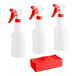 A white plastic bottle with red and black labels and a black and white sprayer.