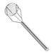 A silver stainless steel round-faced potato masher with a long handle.