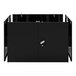 A black rectangular steel cabinet with a lock and white square door handles.