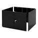 A black rectangular steel cabinet with two doors and a lock.