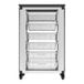 A black and white Luxor storage cabinet with whiteboard and pegboard panels and 6 small bins.