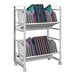 A white Luxor charging cart with tablets and tablet cases on shelves.