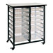 A black metal Luxor storage cart with clear plastic bins.